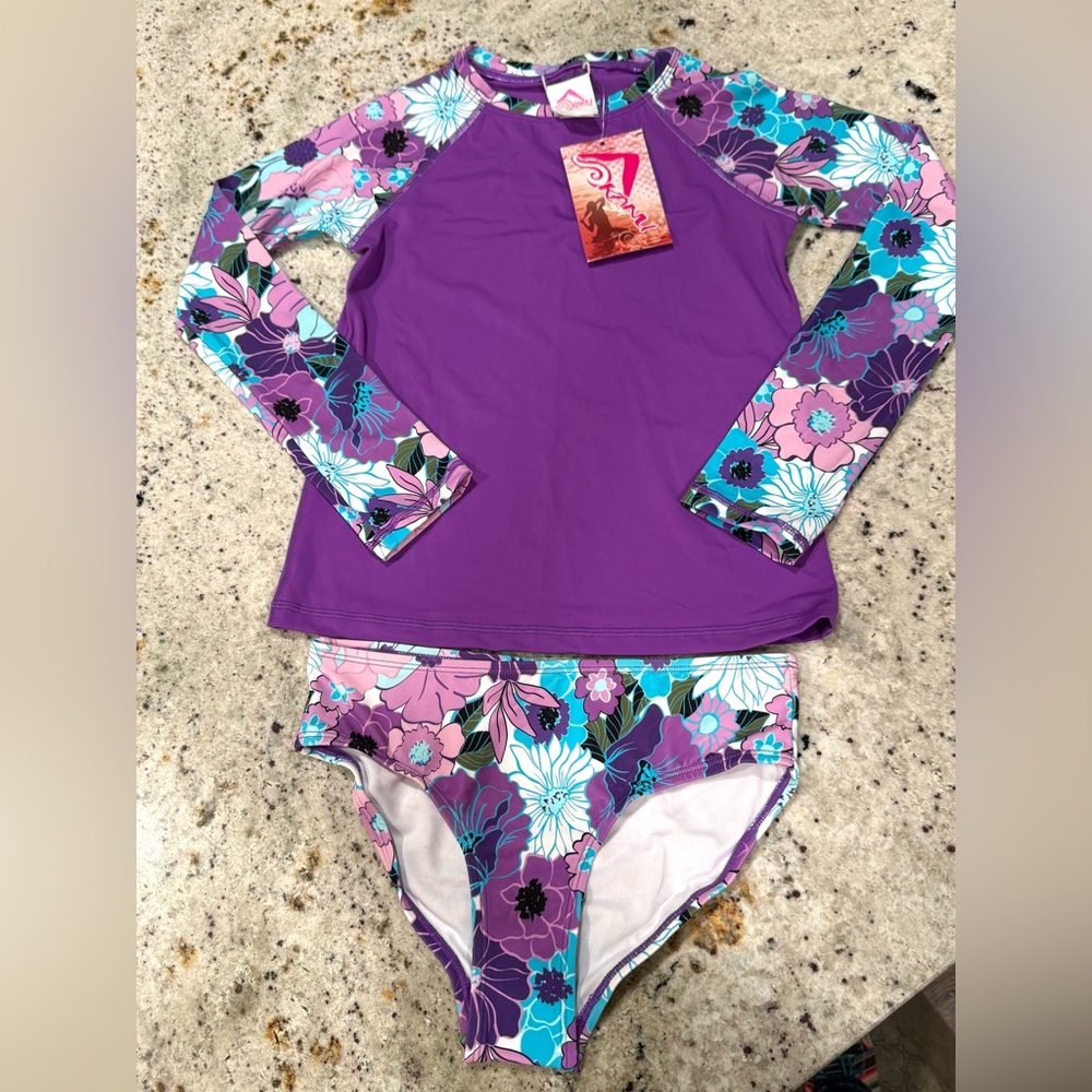Kanu Surf Kids Floral Rashguard Set - Purple and Blue - Picture 3 of 11